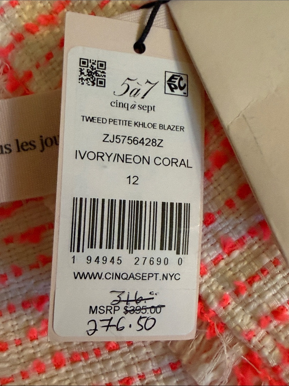NWT! CINQ A SEPT tweed le petit khloe blazer in ivory/neon coral, size 12 - Picture 7 of 12